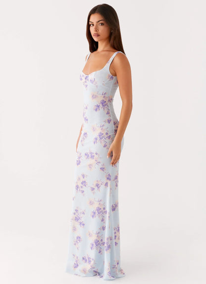 Light Blue Square Neck Floral Print Mermaid Maxi Formal Evening Prom Dress