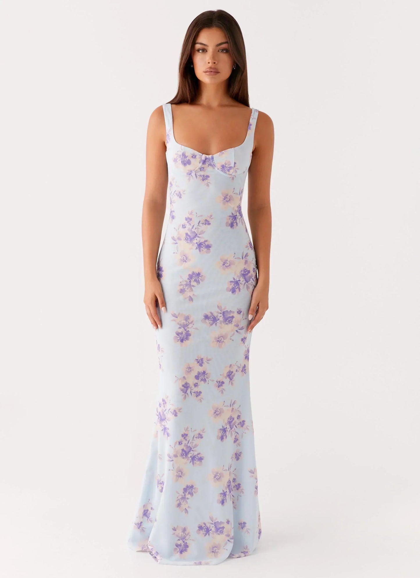 Light Blue Square Neck Floral Print Mermaid Maxi Formal Evening Prom Dress