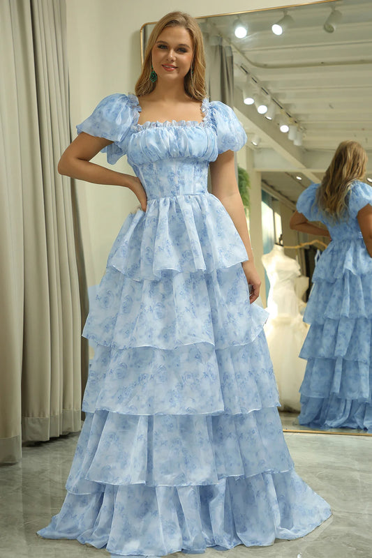 Light Blue Square Neck Puff Sleeve Corset Tiered Ruffle Maxi Prom Dress with Floral Print