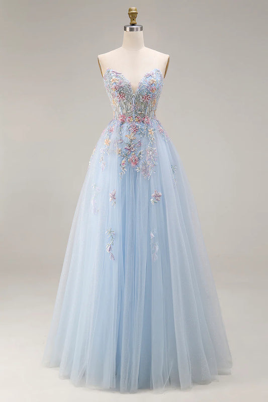 Light Blue Strapless 3D Floral Beaded Sheer Corset A-Line Prom Dress with Tulle Skirt