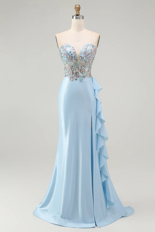 Light Blue Strapless Beaded Floral Mermaid Prom Dress with Ruffle Slit and Lace-Up Back