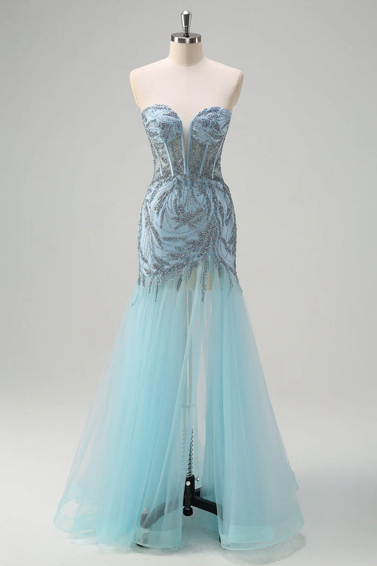 Light Blue Strapless Beaded Sheer Corset Mermaid Prom Dress with Tulle Skirt and Train