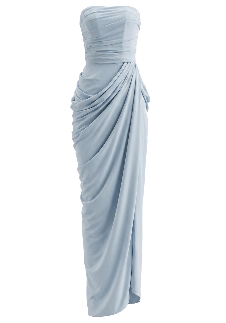 Light Blue Strapless Corset Lace Up Ruched Slit Mermaid Long Formal Evening Prom Dress