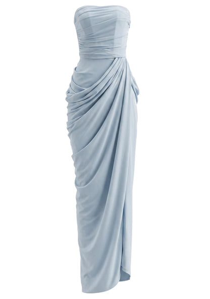 Light Blue Strapless Corset Lace Up Ruched Slit Mermaid Long Formal Evening Prom Dress