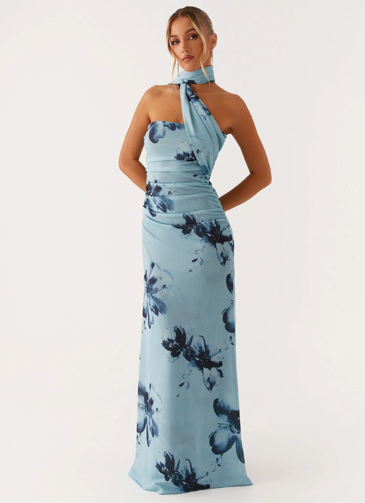 Light Blue Strapless Floral Print Choker Scarf Ruched Maxi Formal Evening Prom Dress