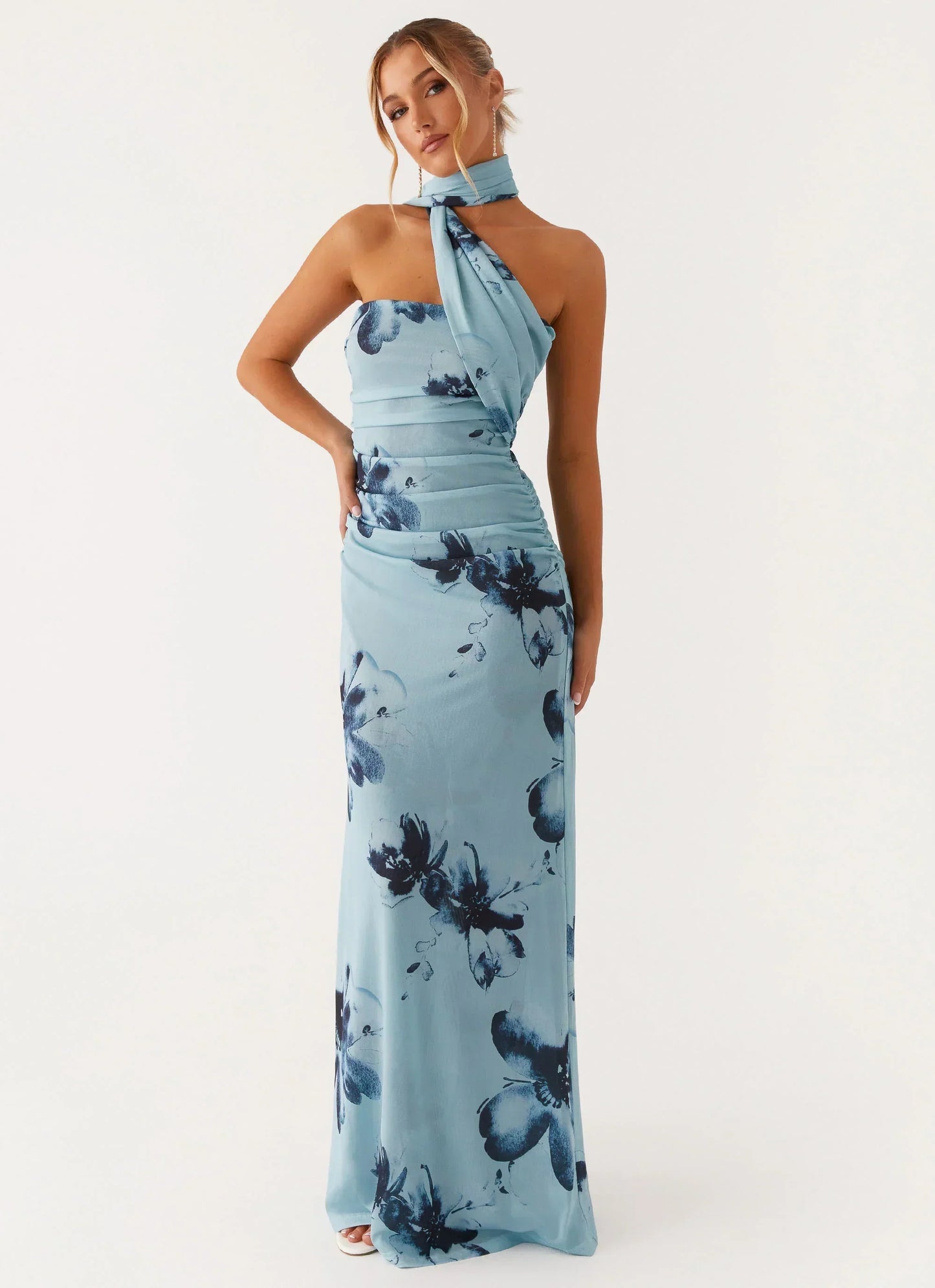 Light Blue Strapless Floral Print Choker Scarf Ruched Maxi Formal Evening Prom Dress