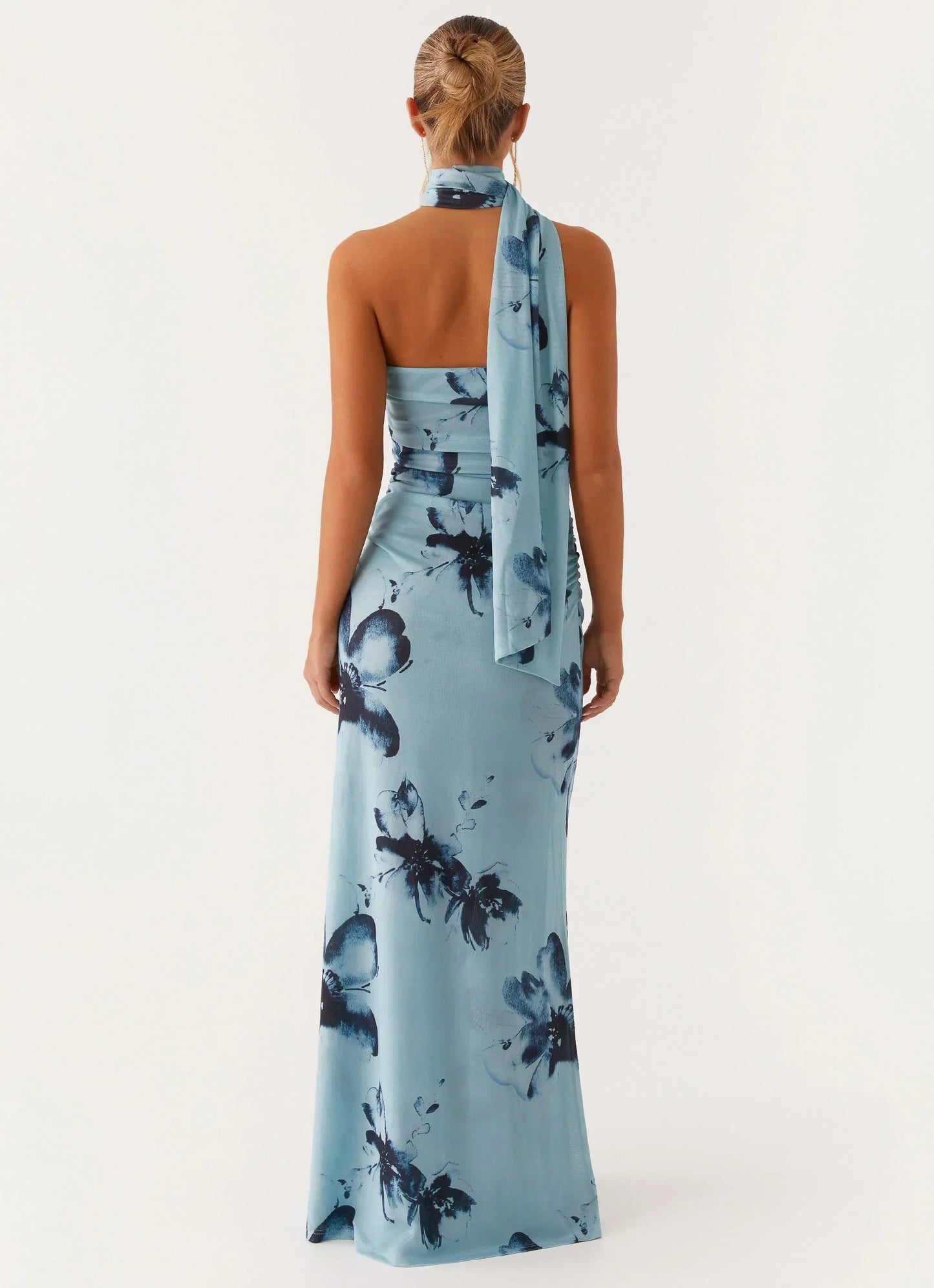 Light Blue Strapless Floral Print Choker Scarf Ruched Maxi Formal Evening Prom Dress