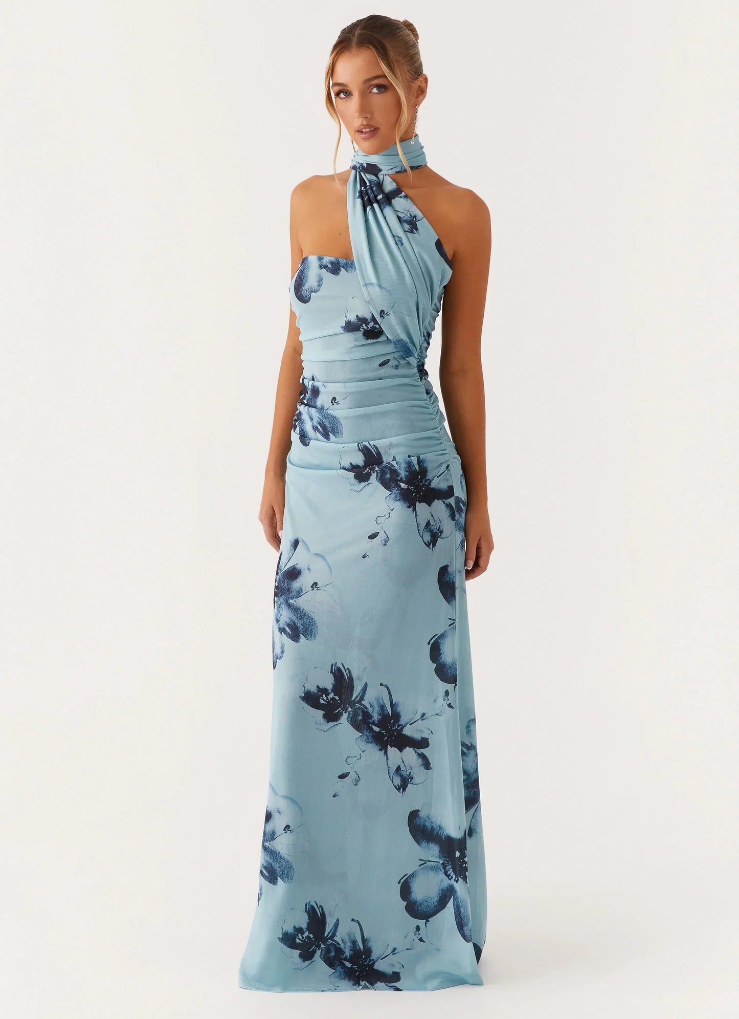 Light Blue Strapless Floral Print Choker Scarf Ruched Maxi Formal Evening Prom Dress