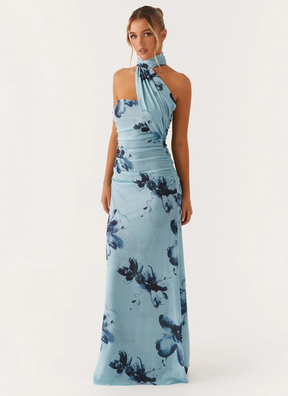 Light Blue Strapless Floral Print Choker Scarf Ruched Maxi Formal Evening Prom Dress
