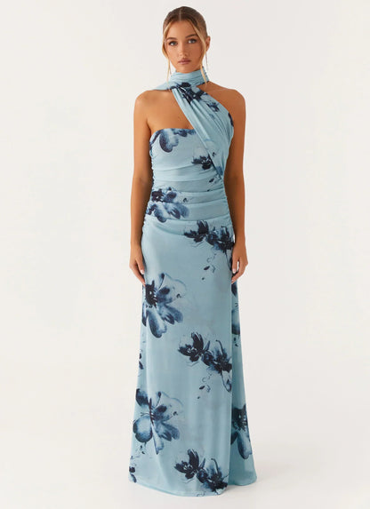 Light Blue Strapless Floral Print Choker Scarf Ruched Maxi Formal Evening Prom Dress