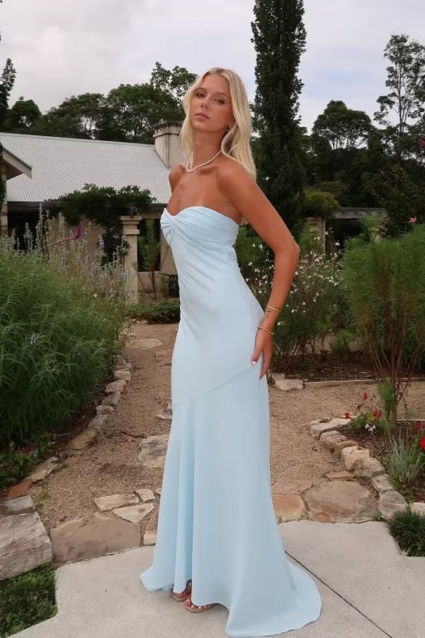 Light Blue Strapless Ruched Chiffon Mermaid Long Formal Evening Prom Dress
