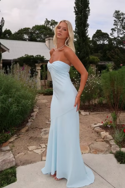 Light Blue Strapless Ruched Chiffon Mermaid Long Formal Evening Prom Dress