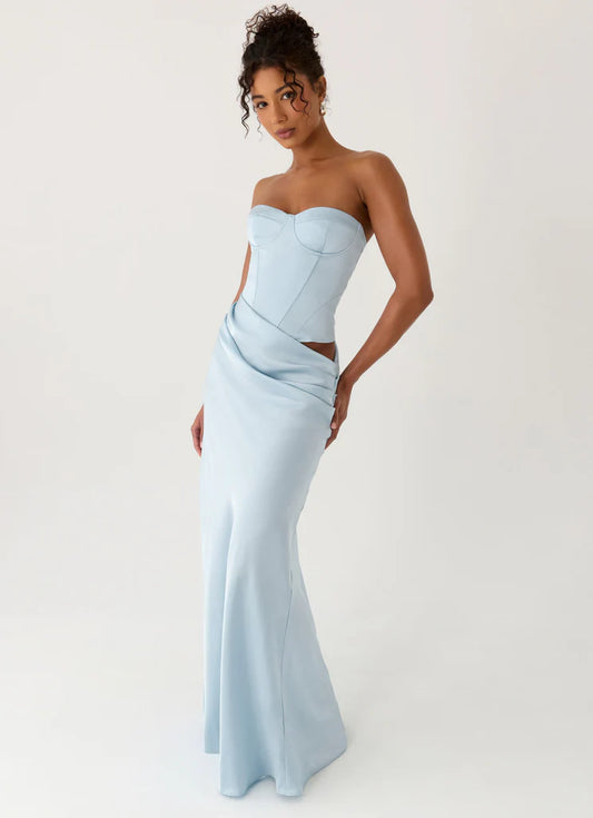Light Blue Strapless Satin Corset Back Lace Up Maxi Prom Dress