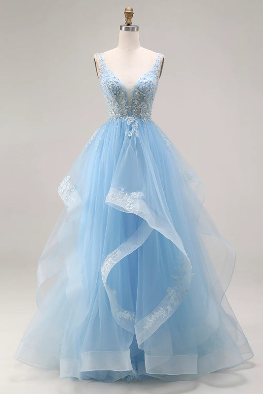 Light Blue V-Neck Sleeveless Lace Beaded Ruffle Tulle A-Line Prom Dress with Train