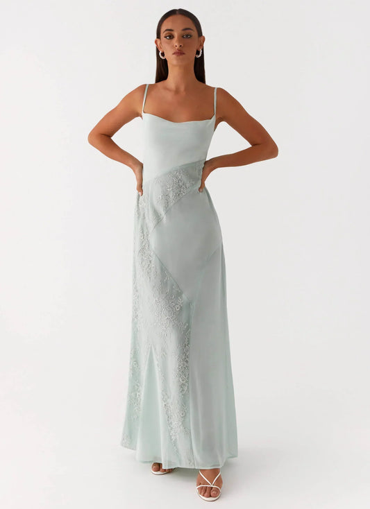 Light Green Spaghetti Strap Floral Lace Patchwork Tie-Back Chiffon Maxi Formal Evening Prom Dress