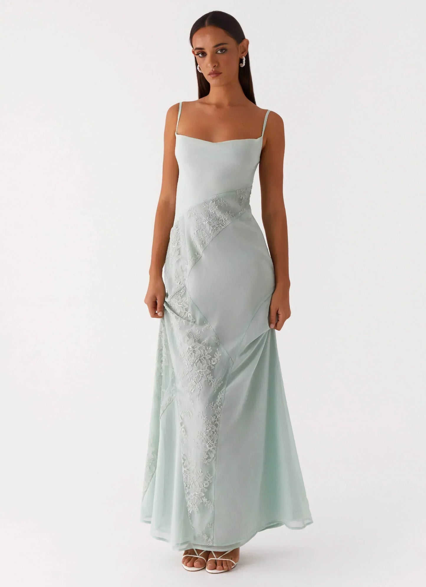 Light Green Spaghetti Strap Floral Lace Patchwork Tie-Back Chiffon Maxi Formal Evening Prom Dress