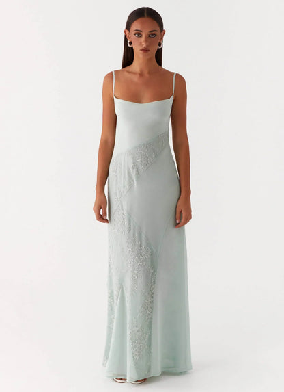 Light Green Spaghetti Strap Floral Lace Patchwork Tie-Back Chiffon Maxi Formal Evening Prom Dress