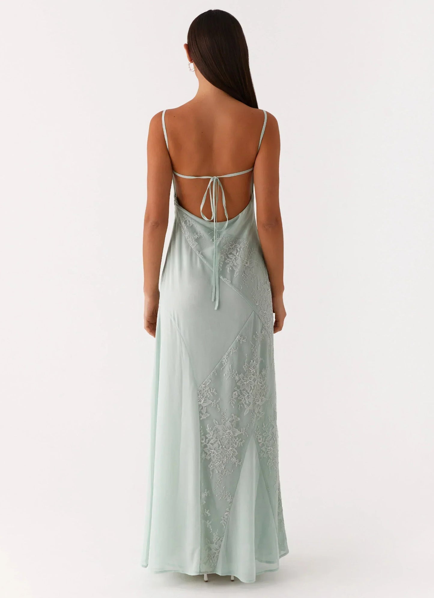 Light Green Spaghetti Strap Floral Lace Patchwork Tie-Back Chiffon Maxi Formal Evening Prom Dress