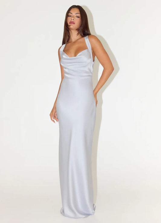 Light Grey Satin Cowl Neck Open Back Twist Strap Maxi Prom Dress