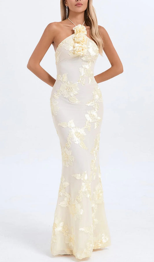 Light Yellow Floral Embroidered Off-Shoulder Backless Midi Prom Dress