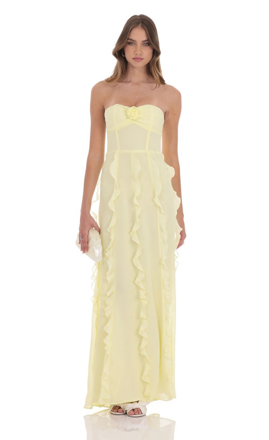 Light Yellow Strapless Prom Dress With 3D Rose And Ruffle Skirt Formal Prom Dress