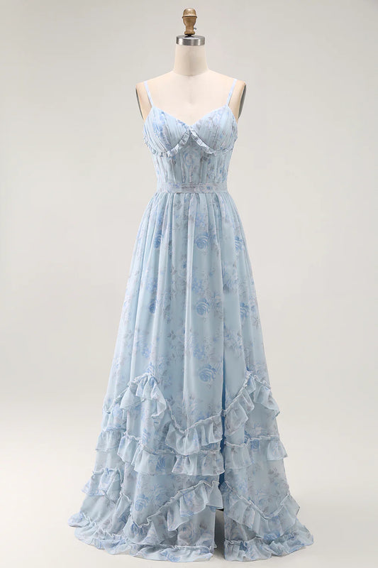 Light blue floral chiffon prom dress with spaghetti straps sweetheart neckline corset bodice lace-up back and tiered ruffle skirt