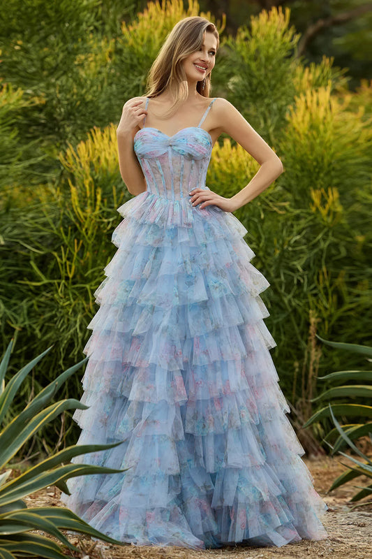 Light blue floral tulle prom dress with spaghetti straps sweetheart neckline sheer corset bodice tiered ruffle skirt and high slit