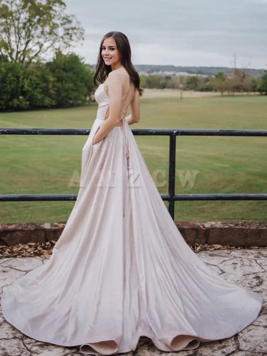 Amzcw Light pink A-line satin long prom dress pink evening dress formal wear dresses