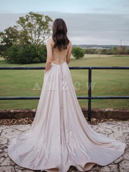 Amzcw Light pink A-line satin long prom dress pink evening dress formal wear dresses