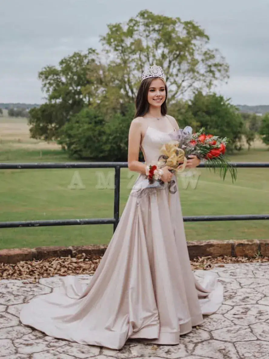 Amzcw Light pink A-line satin long prom dress pink evening dress formal wear dresses