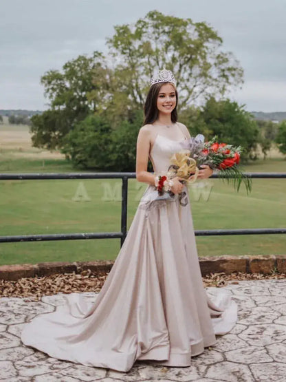 Amzcw Light pink A-line satin long prom dress pink evening dress formal wear dresses