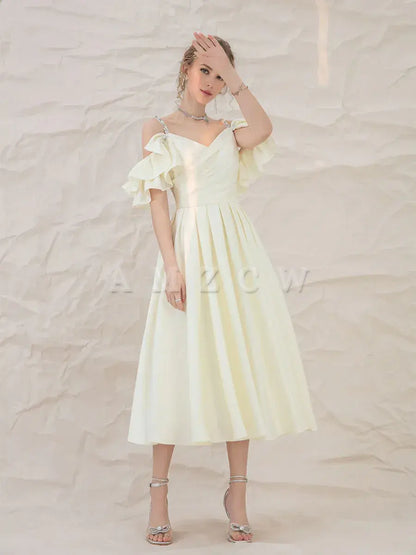 Vestido de fiesta corto de satén amarillo claro Amzcw, vestido de dama de honor amarillo, tiendas de vestidos de fiesta 
