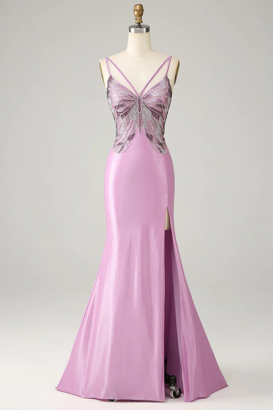 Lilac Spaghetti Strap Butterfly Beaded Mermaid Prom Dress with Backless Design and Slit