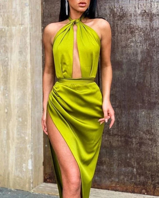 Lime Green Satin Sheath Halter Neck Keyhole Sleeveless High Slit Ruched Floor Length Formal Evening Prom Dress