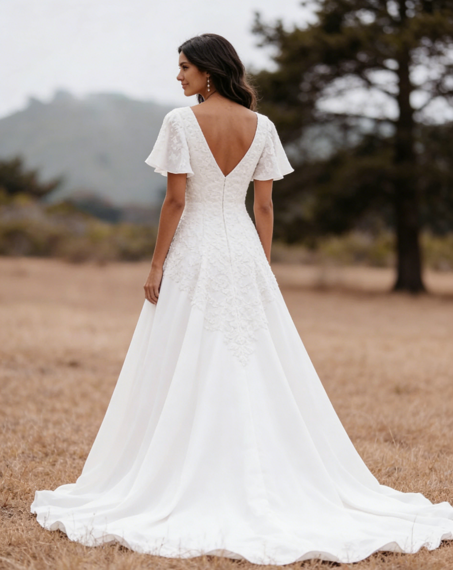 Little White Dresses Wedding Dresses A-Line V Neck Short Sleeve Floor Length Chiffon Bridal Gowns With Appliques