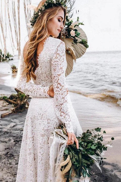 Vestidos de novia rústicos de manga larga con apliques de encaje para playa 