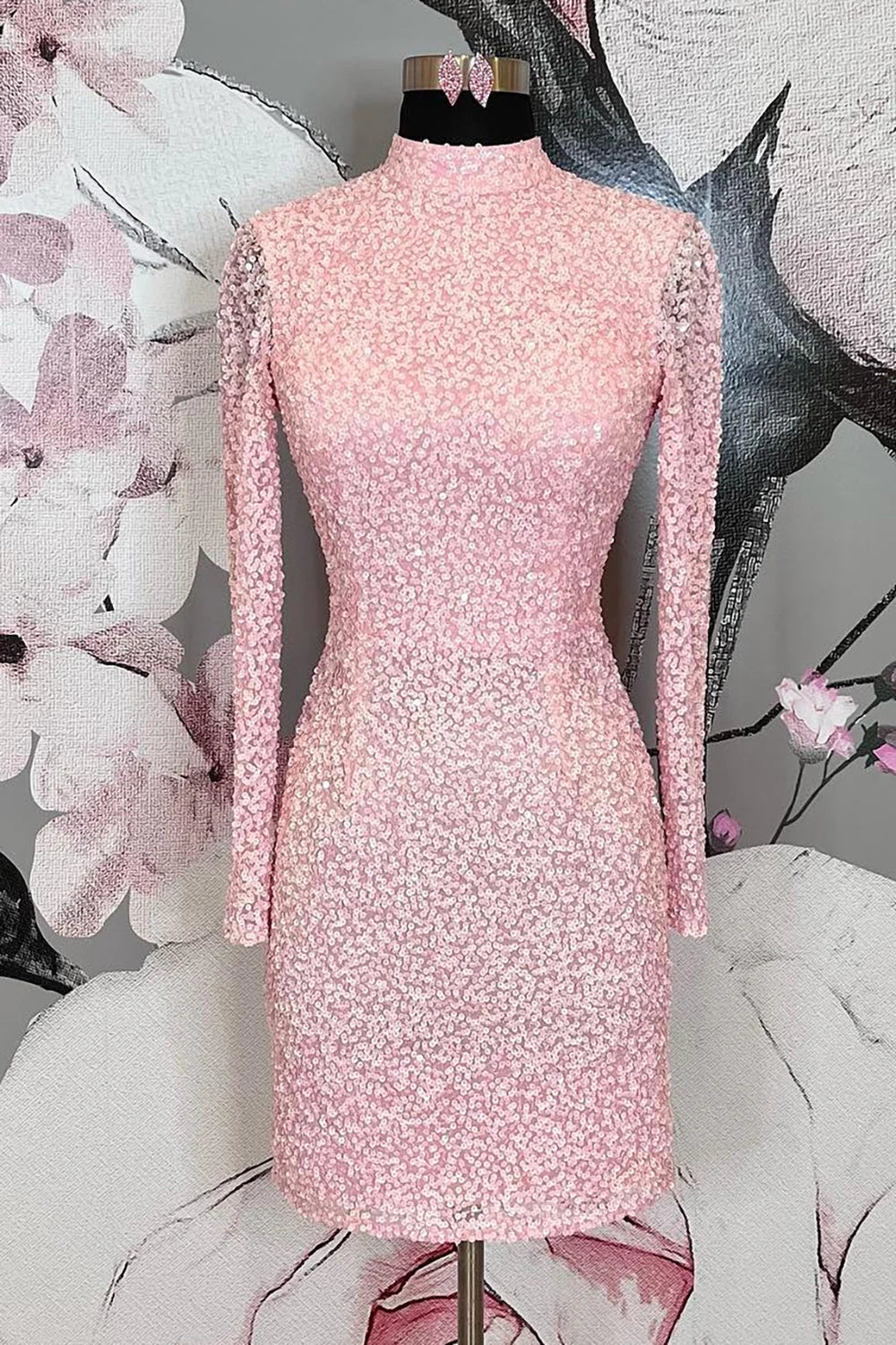 Vestido de cóctel con lentejuelas, escote redondo y manga larga, sin espalda 