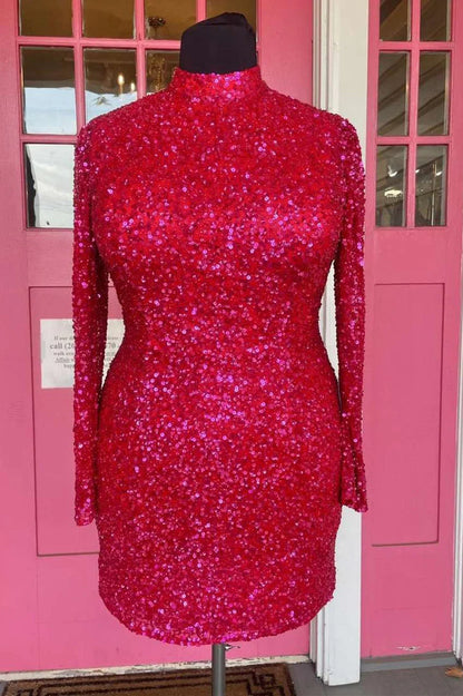 Vestido de cóctel con lentejuelas, escote redondo y manga larga, sin espalda 