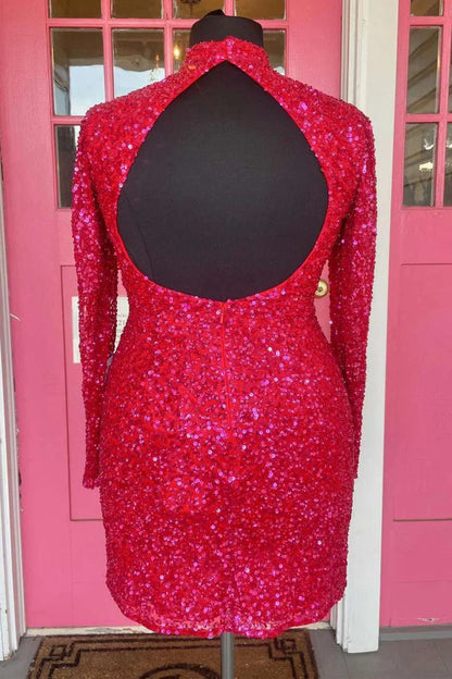 Vestido de cóctel con lentejuelas, escote redondo y manga larga, sin espalda 