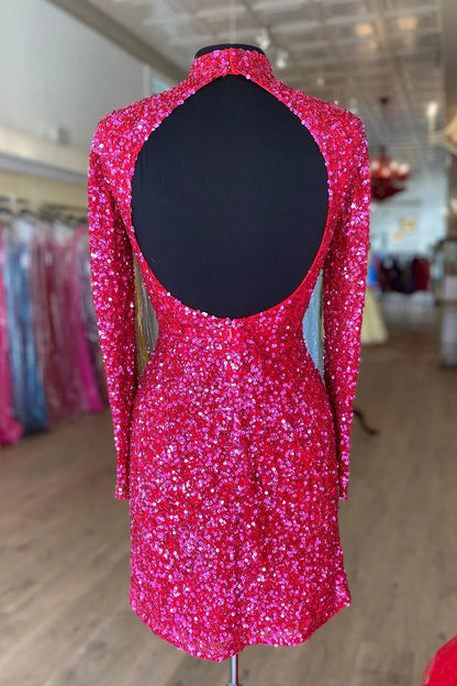 Vestido de cóctel con lentejuelas, escote redondo y manga larga, sin espalda 