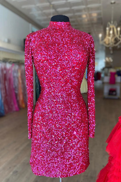 Vestido de cóctel con lentejuelas, escote redondo y manga larga, sin espalda 