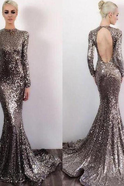Vestidos de fiesta de manga larga con lentejuelas, espalda abierta, corte sirena, cuello alto brillante y largo hasta el suelo 