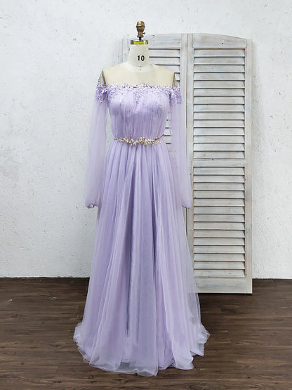 Vestidos de fiesta de tul de manga larga con abertura alta y cuentas de cristal. Vestidos de noche de moda. 