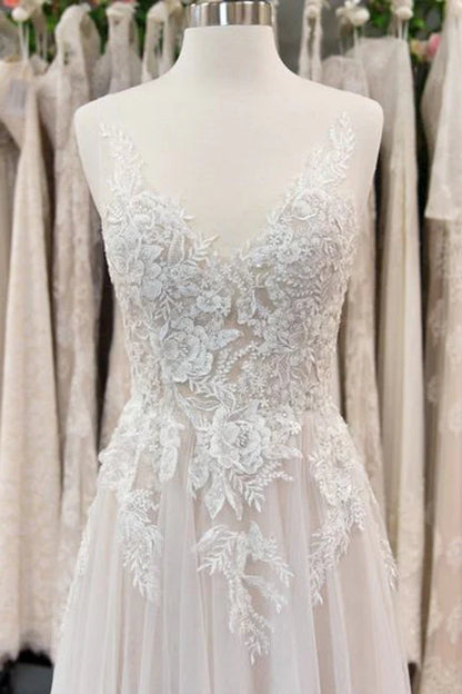 Hermosos vestidos de novia largos de gasa sin mangas con apliques de encaje para playa 