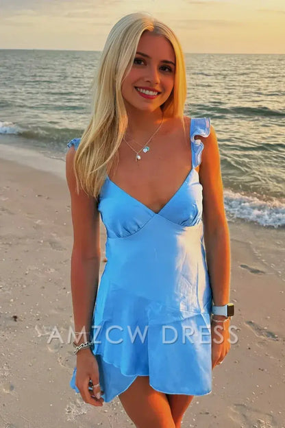 Amzcw Elegant Low V-Neck Ruffle Straps Casual Satin Homecoming Dress formal wear dresses