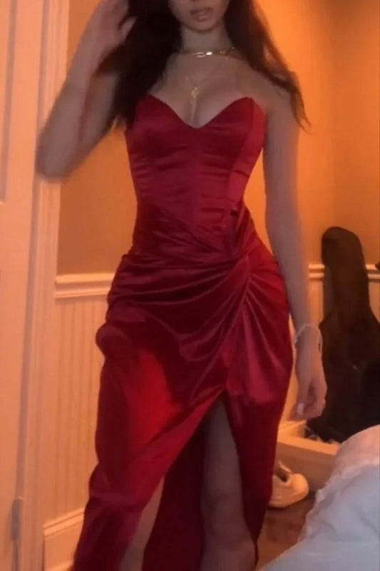 Lustrous Ruched Sweetheart Strapless Solid-Back High-Slit Prom Dress