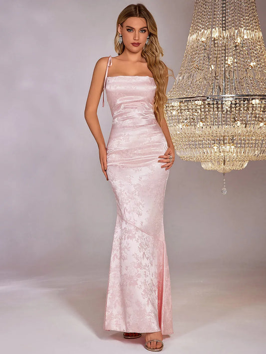 Luxe Fitted Square Neck Spaghetti Strap Lace-Up Back Mermaid Floor-Length Prom Dresses