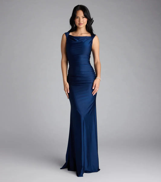 Luxe Mermaid Cowl-Neck Sleeveless Zip-Back Floor-Length Prom Dresses