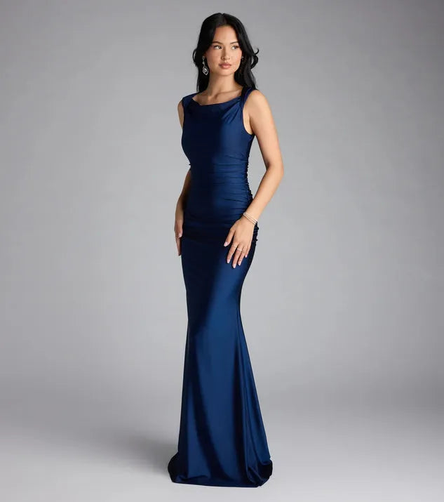 Luxe Mermaid Cowl-Neck Sleeveless Zip-Back Floor-Length Prom Dresses