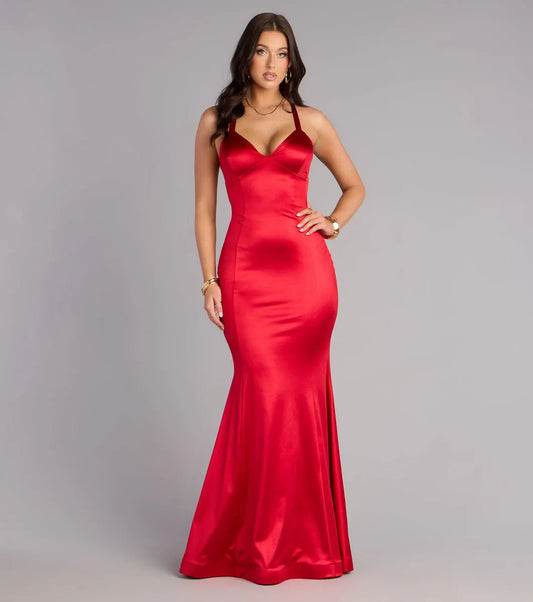 Luxe Mermaid Sweetheart Halter Strappy-Back Floor-Length Prom Dresses